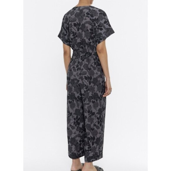 BIMBA Y LOLA WIDE LEG JUMPSUIT Large Size Gray Short Sleeves Elastic Waist Vneck - Picture 3 of 16